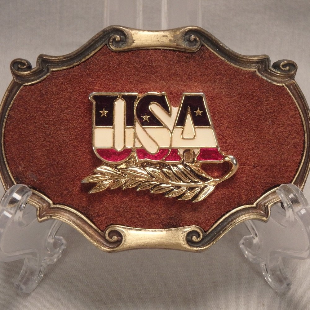 Vintage 1978 Patriotic USA Belt Buckle Suede Brass